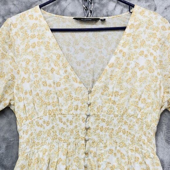 Glassons Dress Womens 14 Yellow Floral Tie Puff Sleeve Button Front Mini Boho - Picture 2 of 12